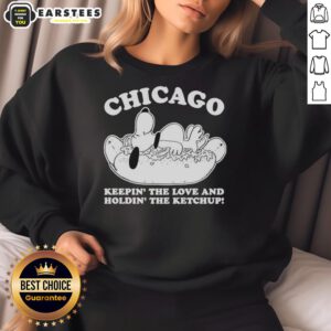 Hot Chicago Snoopy sweatshirt featuring playful design of Snoopy holding ketchup, perfect for casual wear and fan apparel.