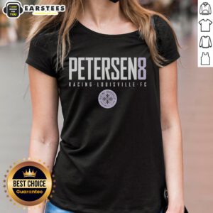 Hot Petersen 8 Racing Louisville FC ladies tee showcasing vibrant team colors and stylish design for fans.