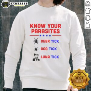 Cozy sweatshirt featuring 'Know Your Parasites' design with illustrations of Deer Tick, Dog Tick, and Luna Tick.