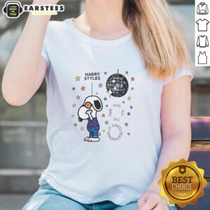 Cartoon ladies tee featuring Snoopy kissing, perfect for disco occasions, showcasing fun and playful design.
