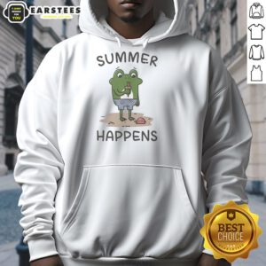 Adorable frog enjoying an ice cream cone while wearing a Nice Summer Happens hoodie, perfect for summer vibes.