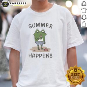 Alt Text: Cute frog enjoying an ice cream cone on a Nice Summer Happens T-shirt, perfect for summer wear.