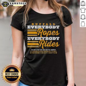 Buffalo Sabres Hockey 'Everybody Ropes Everybody Rides' Ladies Tee featuring team colors and logo, perfect for fans.