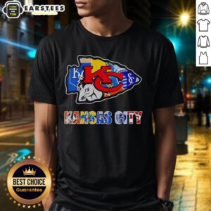 Original Kansas City Chiefs, Royals, and Sporting Kansas City logo mashup T-shirt design featuring vibrant team colors.