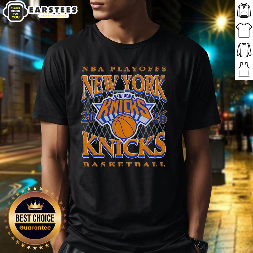 Pretty New York Knicks Basketball NBA Playoffs 2026 retro hoop t-shirt featuring vibrant team colors and logo.