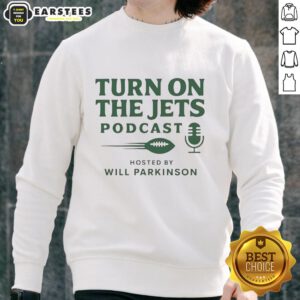 Alt Text: Pretty Turn On The Jets Podcast logo sweatshirt designed by Will Parkinson, featuring bold graphics and vibrant colors.