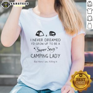 Stylish camping lady wearing a 'Super Sexy Camping' tee, showcasing confidence and outdoor fashion.