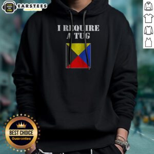 Good I Require A Tug hoodie in black with front pocket and drawstring hood, displayed on a plain background