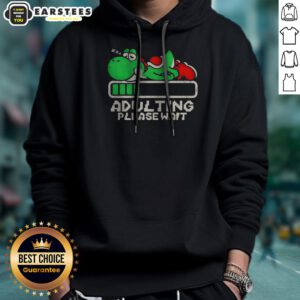 Good Yoshi Super Adulting Please Wait Loading hoodie in charcoal gray with front graphic and kangaroo pocket