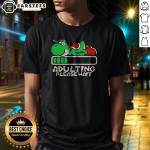 Good Yoshi Super Adulting Please Wait Loading shirt in black, short-sleeve casual tee with playful text graphic
