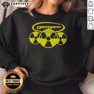 Hot Geiger Radiation Symbol Pop Culture Logo Design Radioactive Nuclear Hazard sweatshirt displayed on a wooden background.