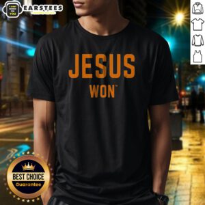 Nice Jesus Won Apparel Christian Faith Religious Message Theme shirt showing front view of a comfortable unisex cotton tee with bold faith message