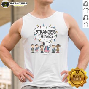 Nice Snoopy Eleven Peanuts Stranger Things Characters And Lights tank top featuring vibrant character graphics.