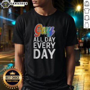 Original Gay All Day Every Day shirt in black cotton, short sleeve casual tee with vibrant white and rainbow text design