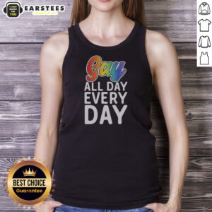 Original Gay All Day Every Day tank top in white with bold rainbow text, sleeveless casual wear