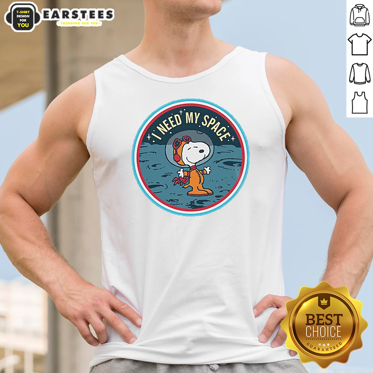 Pretty Peanuts Snoopy On The Moon I Need My Space Mens Tank Top featuring Snoopy on the moon graphic on a sleeveless shirt