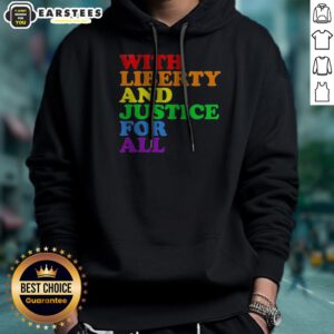 Pretty With Liberty And Justice For All Pride Rainbow Text Pride Hoodie in vibrant rainbow colors on a comfortable pullover hoodie