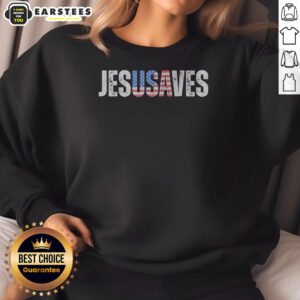 Top Jesusaves Patriotic Christian Pun Bold Text sweatshirt in navy blue, front view with bold white lettering