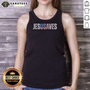 Top Jesusaves Patriotic Christian Pun Bold Text tank top featuring bold typography on a sleeveless casual garment