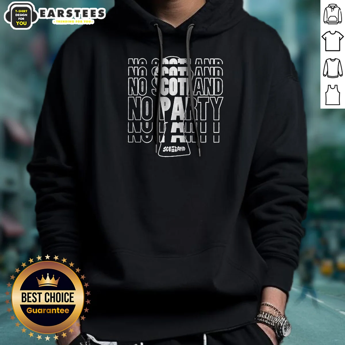 Top No Scotland No Party Scotland Hoodie in black, front view with kangaroo pocket and drawstring hood