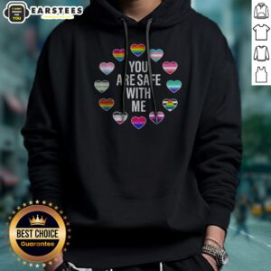 Top You Are Safe With Me Pride Month hoodie in vibrant colors, featuring a comfortable pullover design with a front pocket