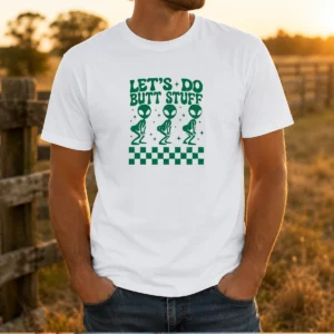 Awesome Aliens Let'S Do Butt Stuff Checkerboard Novelty Meme t shirt in black, short sleeve casual tee with graphic print