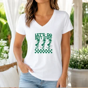 Awesome Aliens Let'S Do Butt Stuff Checkerboard Novelty Meme V-Neck Shirt
