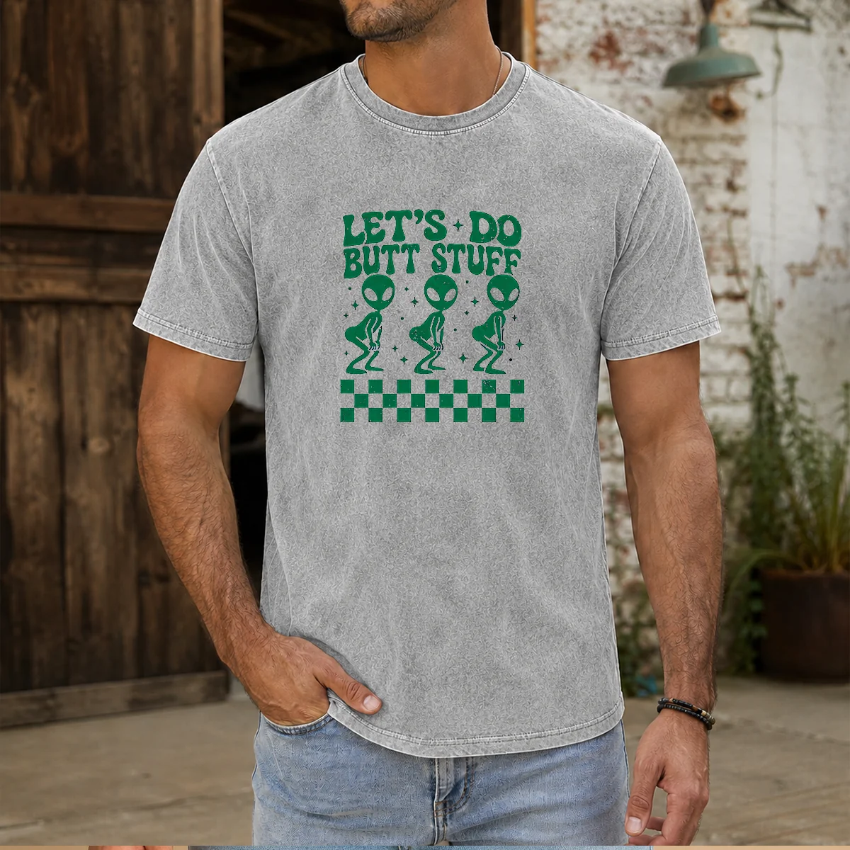 Awesome Aliens Let'S Do Butt Stuff Checkerboard Novelty Meme Washed T-Shirt