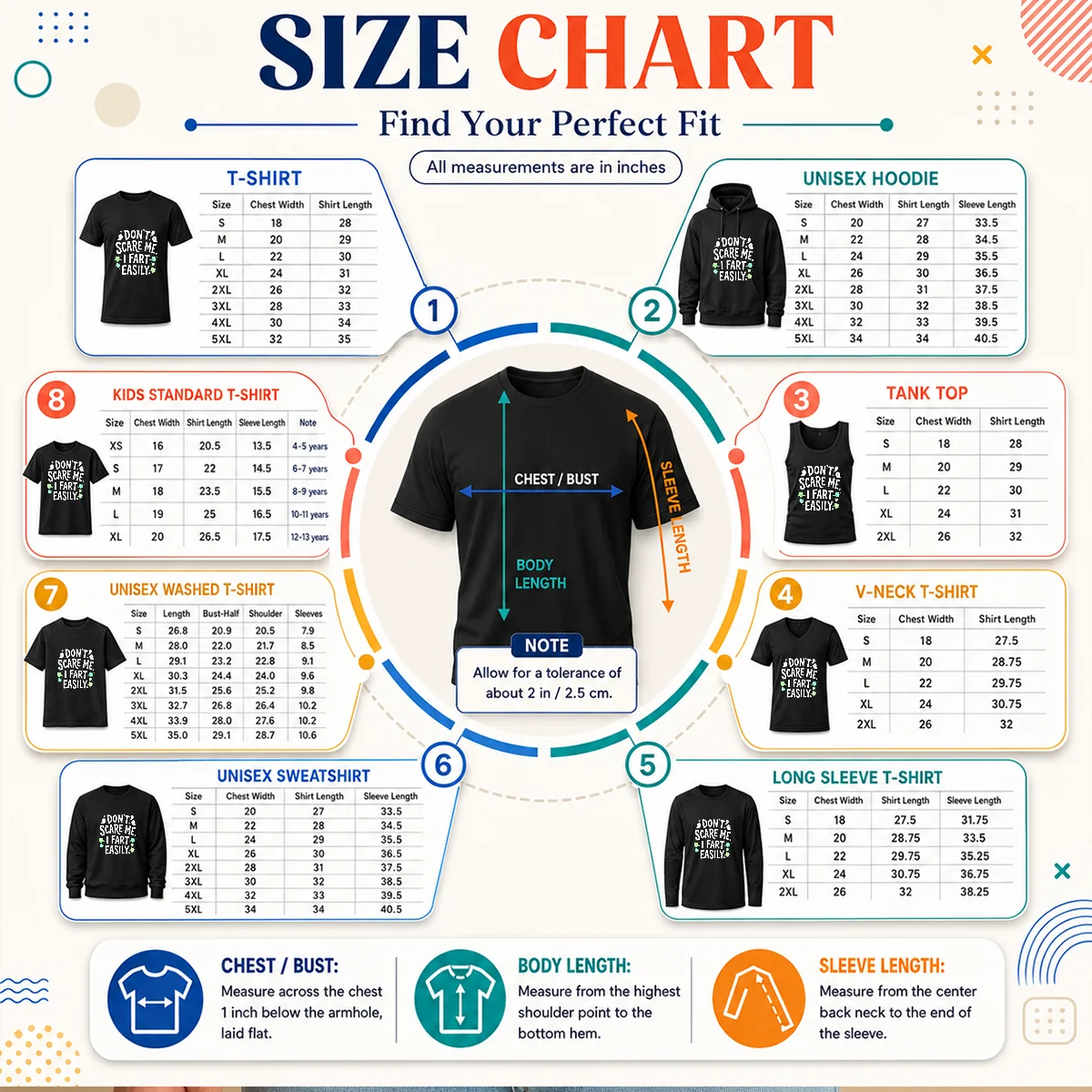 Awesome Don'T Scare Me I Fart Easily Ghost Size Chart Size chart for Awesome Don'T Scare Me I Fart Easily Ghost with measurements in inches and cm