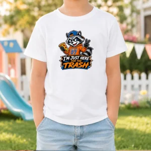 Awesome Jimothy Viral Raccoon Funny Trash Panda Mascot Kids T Shirt in vibrant colors on a child-sized garment