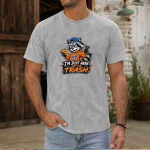 Awesome Jimothy Viral Raccoon Funny Trash Panda Mascot Washed T Shirt displayed on a soft cotton fabric with faded vintage wash