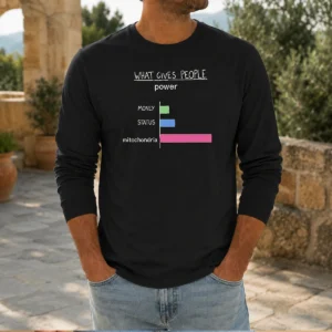 Awesome What Gives People Power long sleeve shirt in black with bold white text design, front view