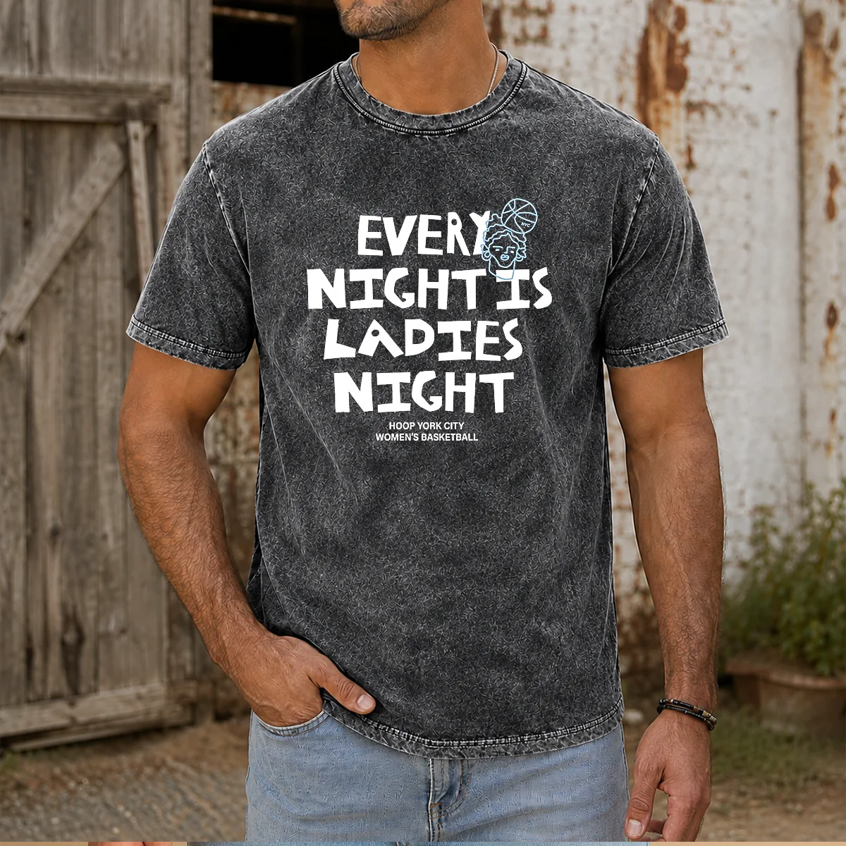 Funny Every Night Is Ladies Night Hoop York City Women'S Basketball Washed T-Shirt