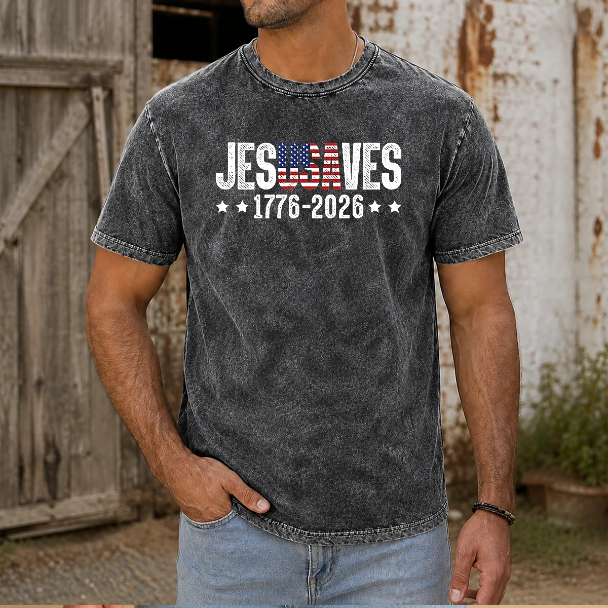 Funny Jesus Saves USA 1776 2026 250 Years design on a comfortable washed t shirt in vintage style
