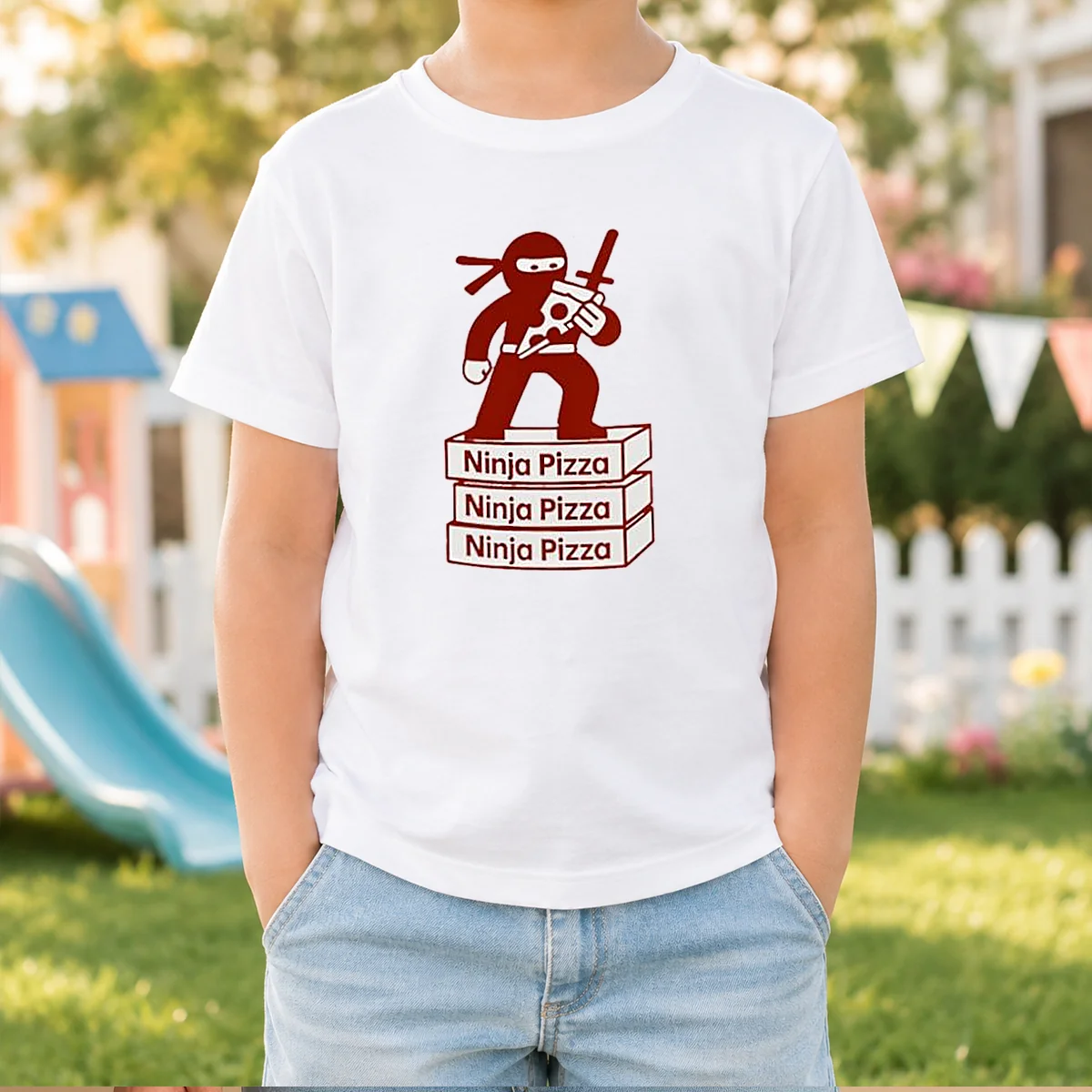 Funny Ninja Pizza Ninja Pizza Ninja Pizza Ninja Pizza Standing On Boxes Kids T-Shirt