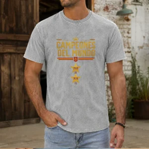 Funny Spain World Champions 2026 2 Stars washed t shirt in soft fabric with vintage look