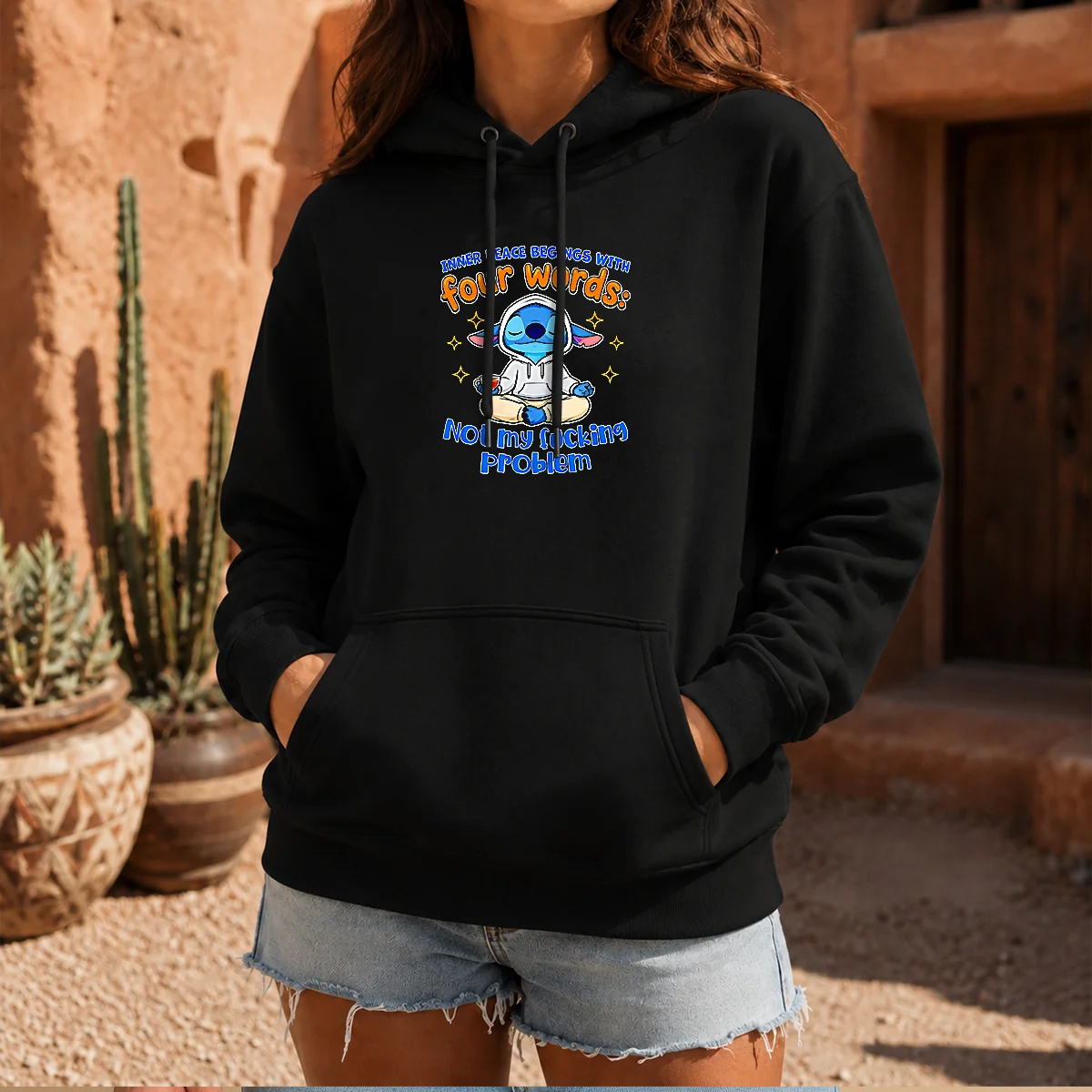 Funny Stitch Inner Peace Begins With Four Words Not My Fucking Problem Hoodie in navy blue, front view with kangaroo pocket and drawstring hood