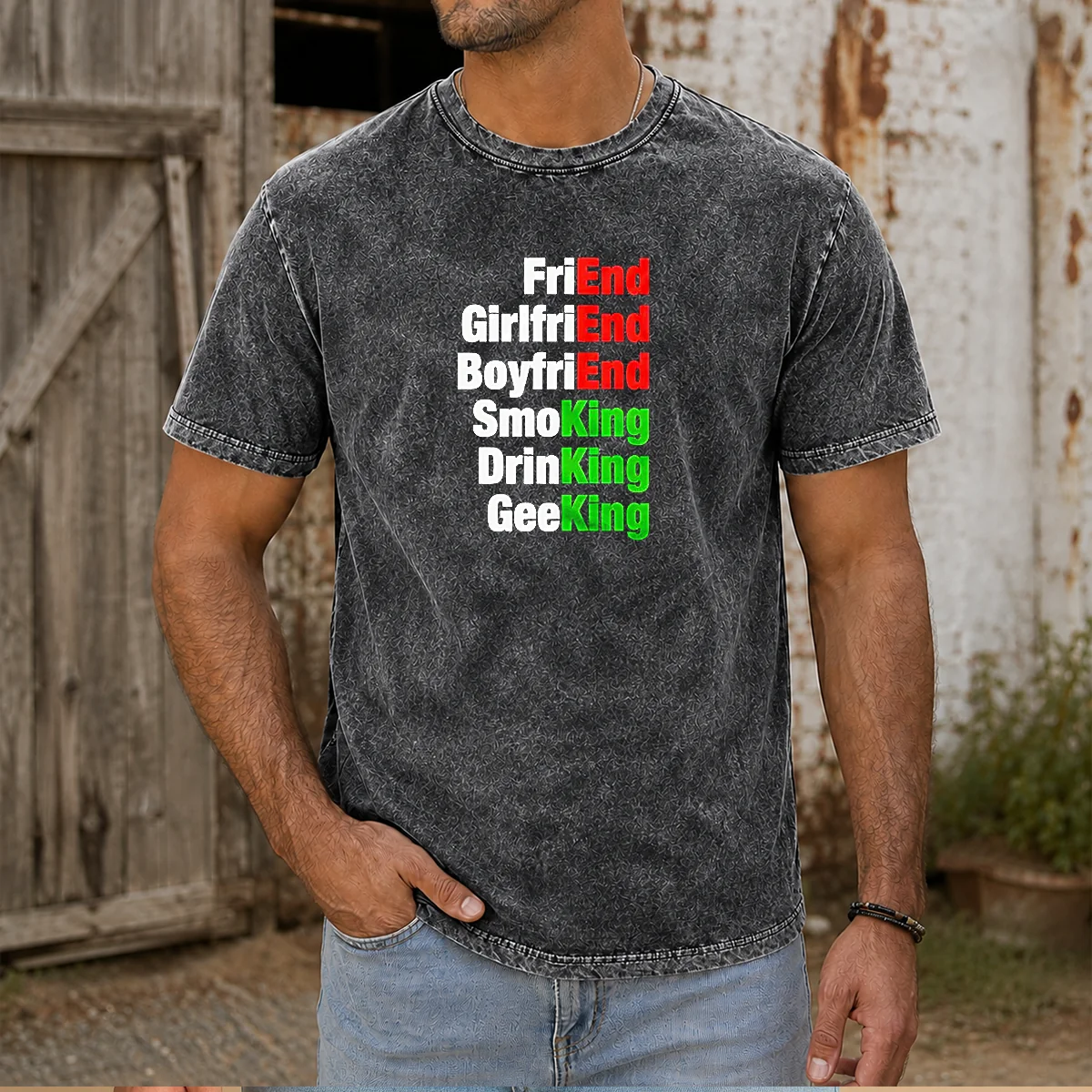 Good Friend Girlfriend Boyfriend Smoking Drinking Geeking Wordplay Text Washed T-Shirt