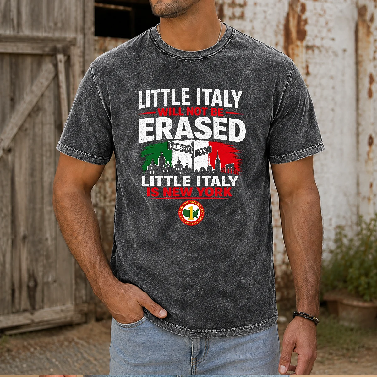 Good Little Italy Will Not Be Erased Little Italy Is New York Washed T Shirt displayed on a soft, vintage-style washed cotton tee
