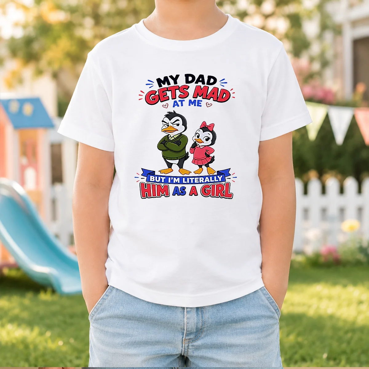 Good Penguin My Dad Gets Mad At Me But I'M Literally Him As A Girl kids t shirt in white, front view