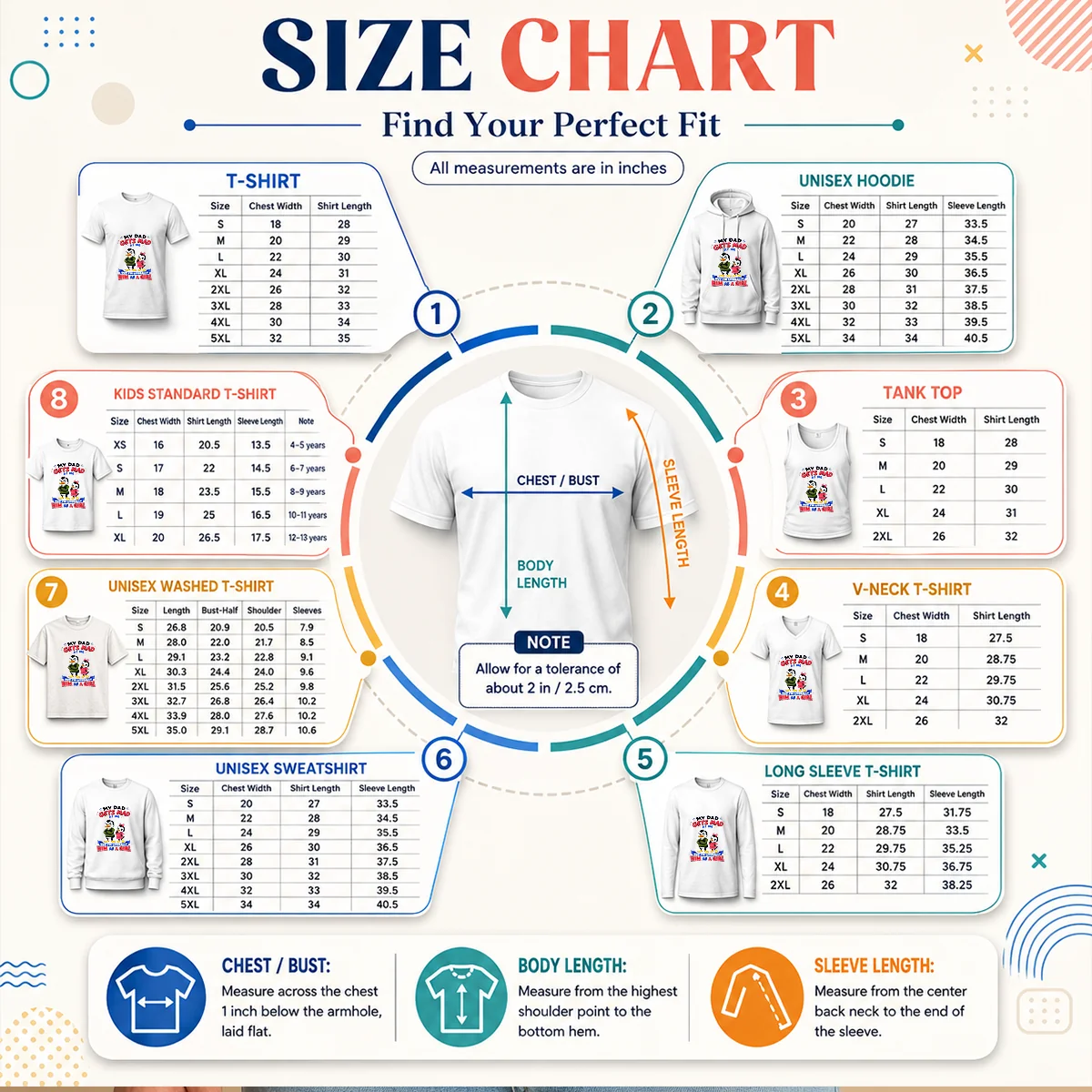 Good Penguin My Dad Gets Mad At Me But I'M Literally Him As A Girl Size Chart Size chart for Good Penguin My Dad Gets Mad At Me But I'M Literally Him As A Girl with measurements in inches and cm