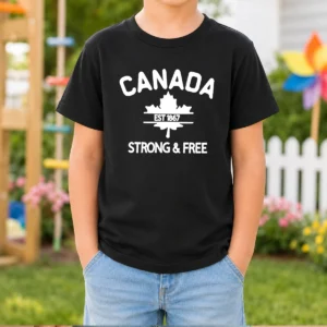 Hot Canada Est 1867 Strong & Free Maple Leaf Kids T Shirt in red with bold maple leaf graphic