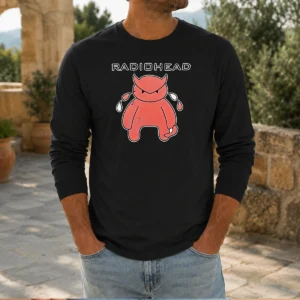 Nice Radiohead Distressed Crying Devil Character Long Sleeve Shirt featuring a distressed devil graphic on a comfortable long sleeve garment