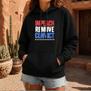 Official Impeach Remove Convict Stars Hoodie in black, featuring bold white text and star graphics on the front