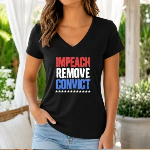 Official Impeach Remove Convict Stars V Neck Shirt in dark color showing front graphic design and short sleeves