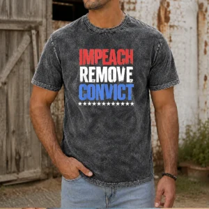 Official Impeach Remove Convict Stars Washed T Shirt showing front print on soft washed cotton fabric