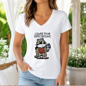 Official Lower Your Expectations Raccoon Cartoon V-Neck Shirt