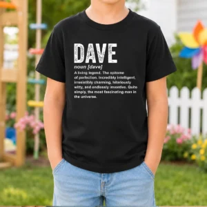 Official Personalized Definition Funny Dave Geek Kids T Shirt showing front print on a short sleeve cotton tee