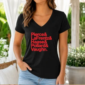 Official Pierce And Lafrentz And Haase And Pollard And Vaughn Kansas Jayhawks Basketball Roster V Neck Shirt in blue with player names
