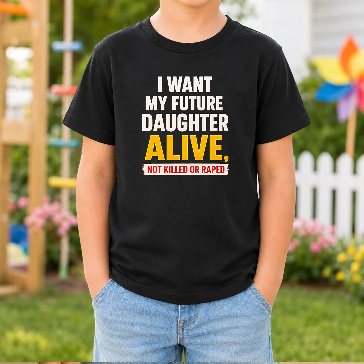 Original I Want My Future Daughter Alive Not Killed Or Raped Awareness Activism kids t shirt in white, front view